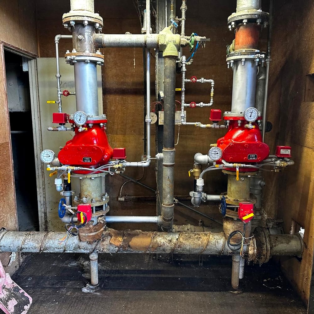 Two six inch dry pipe sprinkler valve sets with air maintenance trim and gauges in a plant room