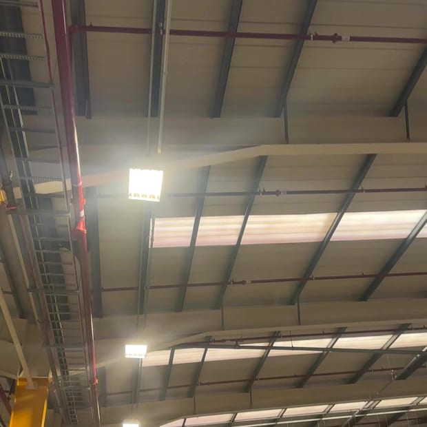 Sprinkler mains at roof level in a warehouse